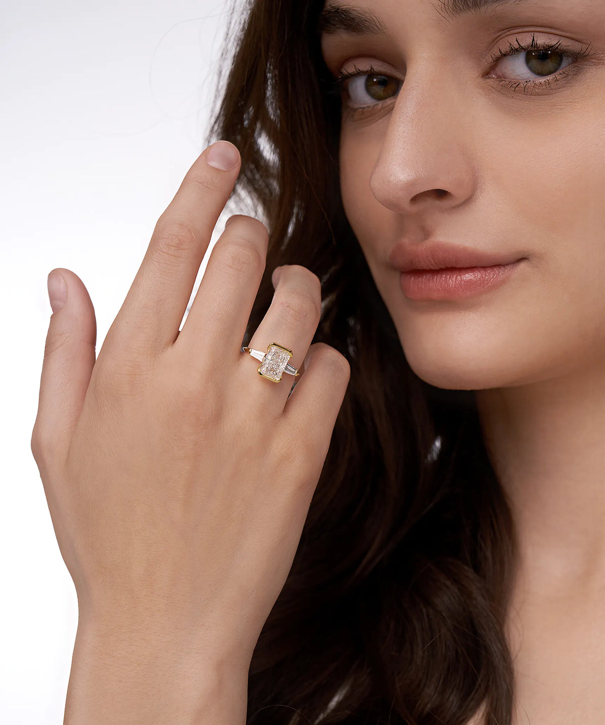 Half Bezel Radiant Cut Lab Grown Diamond Ring with Tapered Baguettes in Gold