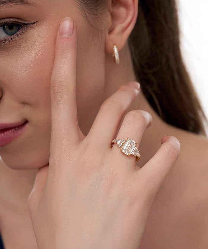 Emerald Cut Lab Grown Diamond Five Stone Engagement Ring in Gold
