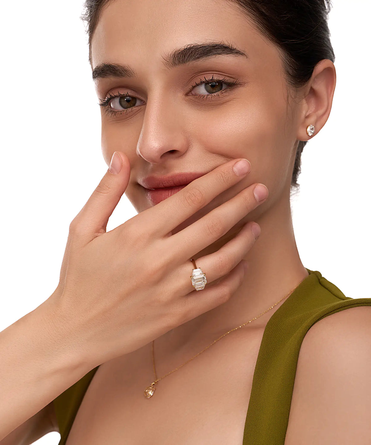 Emerald Cut Lab Grown Diamond Three Stone Ring with Trapezoid Sides in Gold
