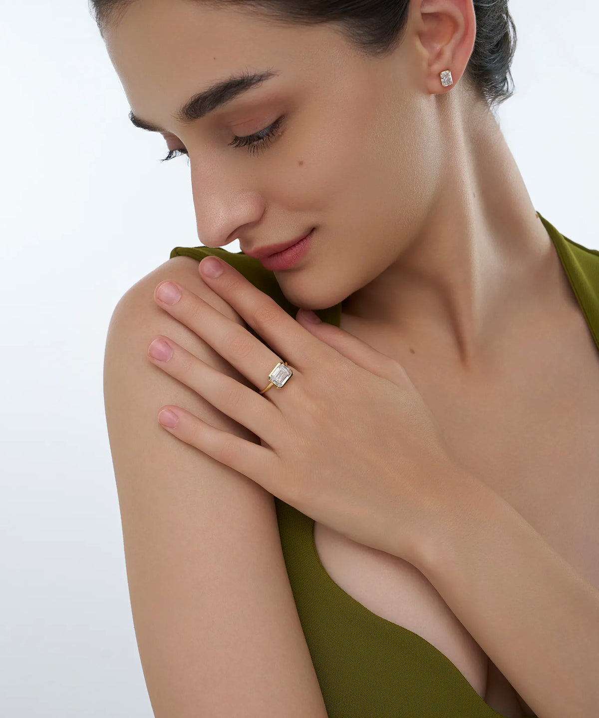 East West Emerald Cut Lab Grown Diamond Half Bezel Solitaire Ring in Gold