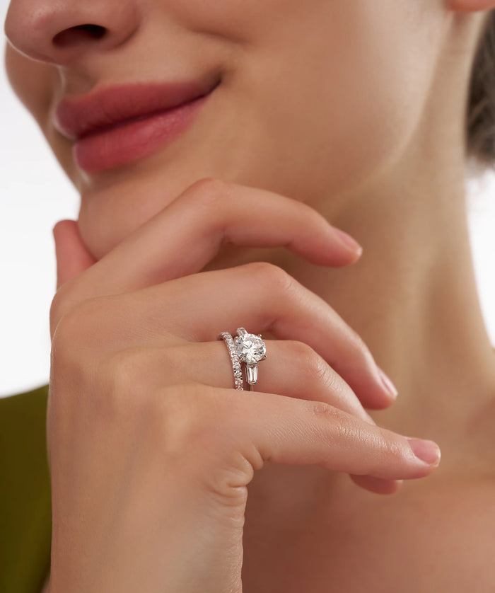 Round Lab Grown Diamond Hidden Halo Bridal Ring Set in Gold