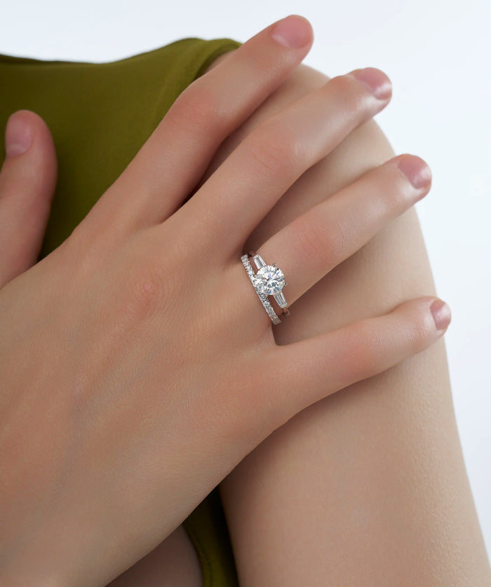 Round Lab Grown Diamond Hidden Halo Bridal Ring Set in Gold