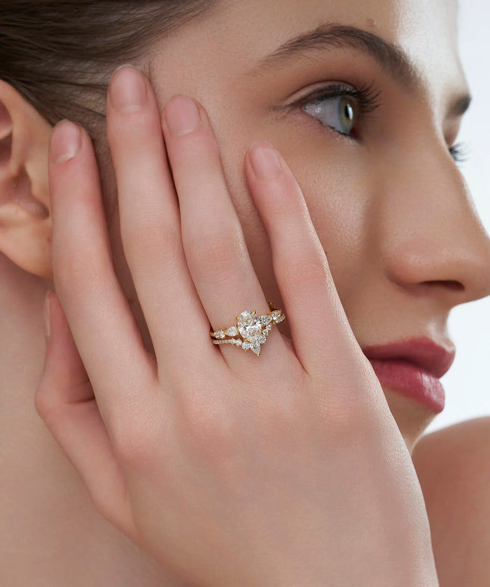 Oval and Pear Lab Grown Diamond Bridal Set with Contoured Band in Gold