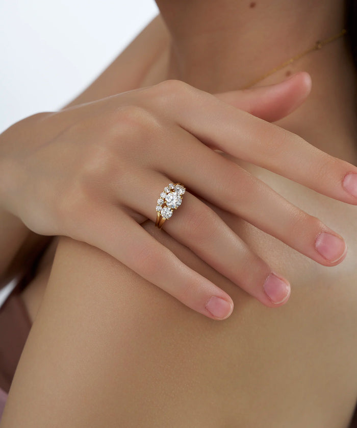 Round Lab Grown Diamond Three Stone Bridal Ring Set in Gold