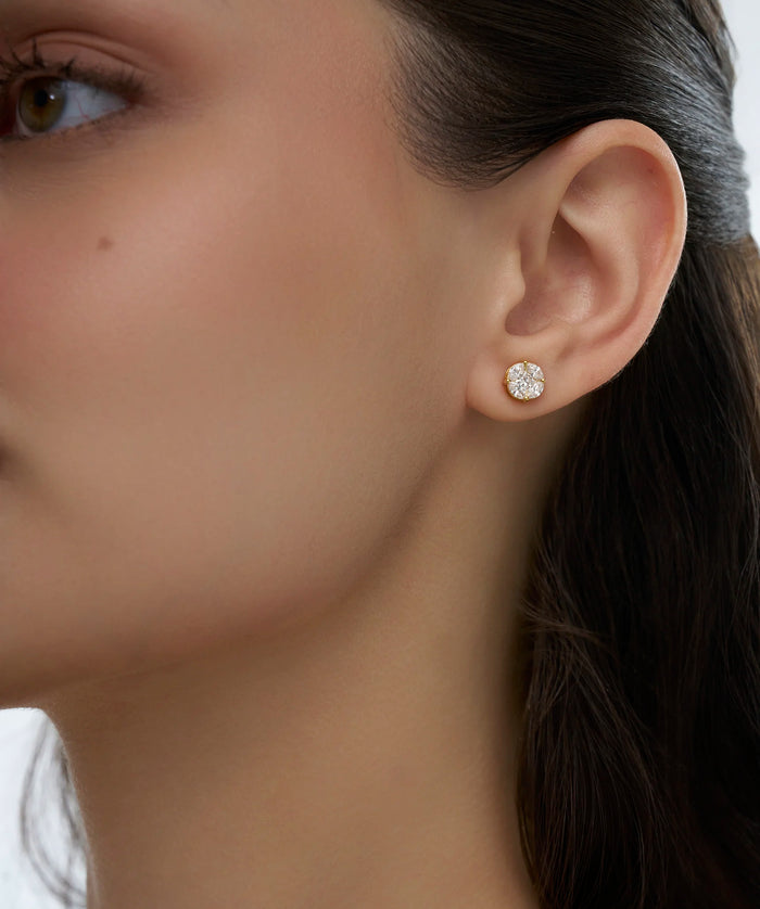 Princess and Marquise Lab Grown Diamond Cluster Stud Earrings in Gold