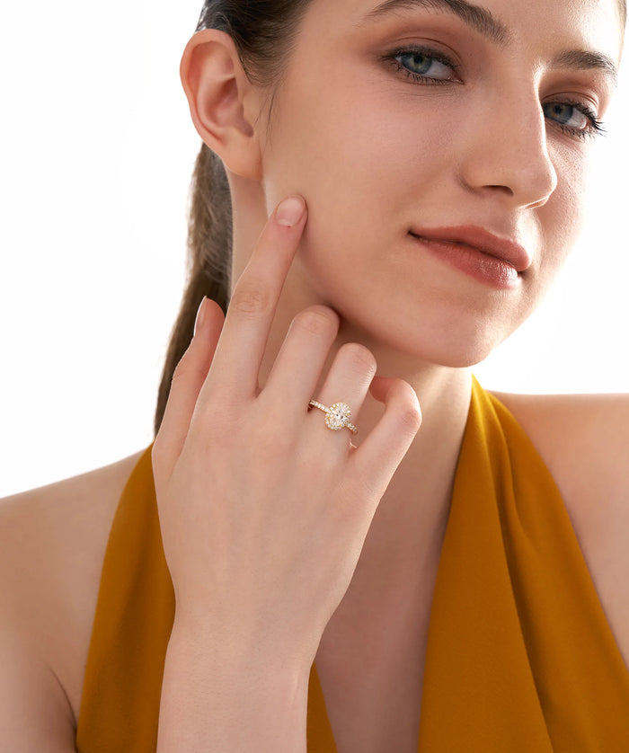 Oval Cut Lab Grown Diamond Halo Engagement Ring in Gold