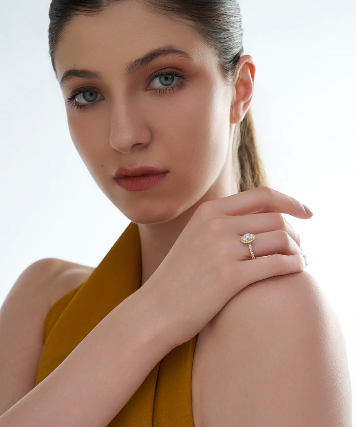 Oval Cut Lab Grown Diamond Halo Engagement Ring in Gold