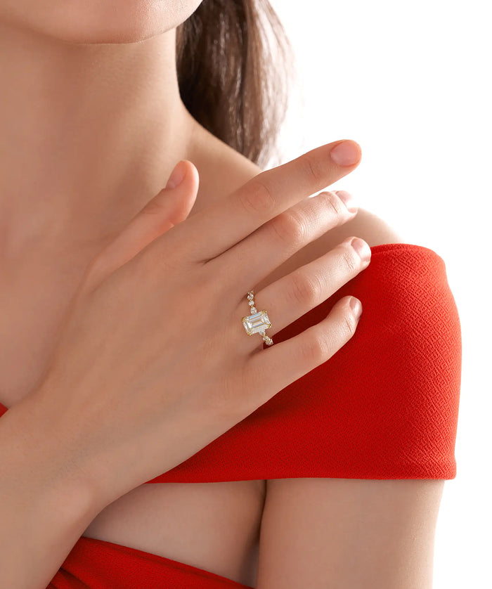 Emerald Cut Lab Grown Diamond Engagement Ring with Pear and Round Accents in Gold