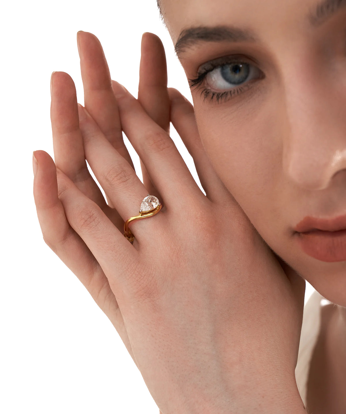 East West Pear Cut Lab Grown Diamond Bypass Solitaire Ring in Gold