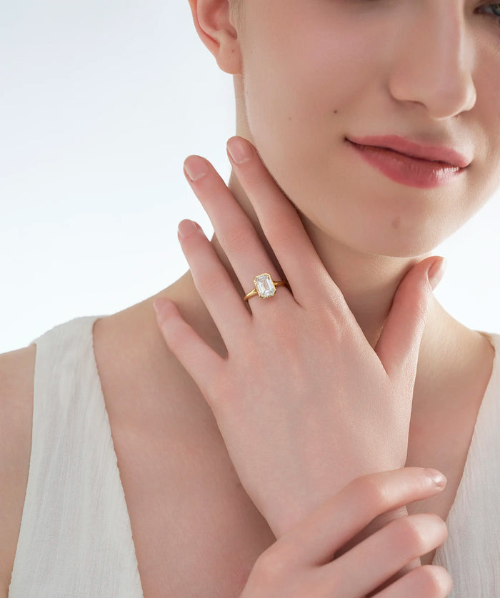 Bezel Set Emerald Cut Lab Grown Diamond Solitaire Ring in Gold