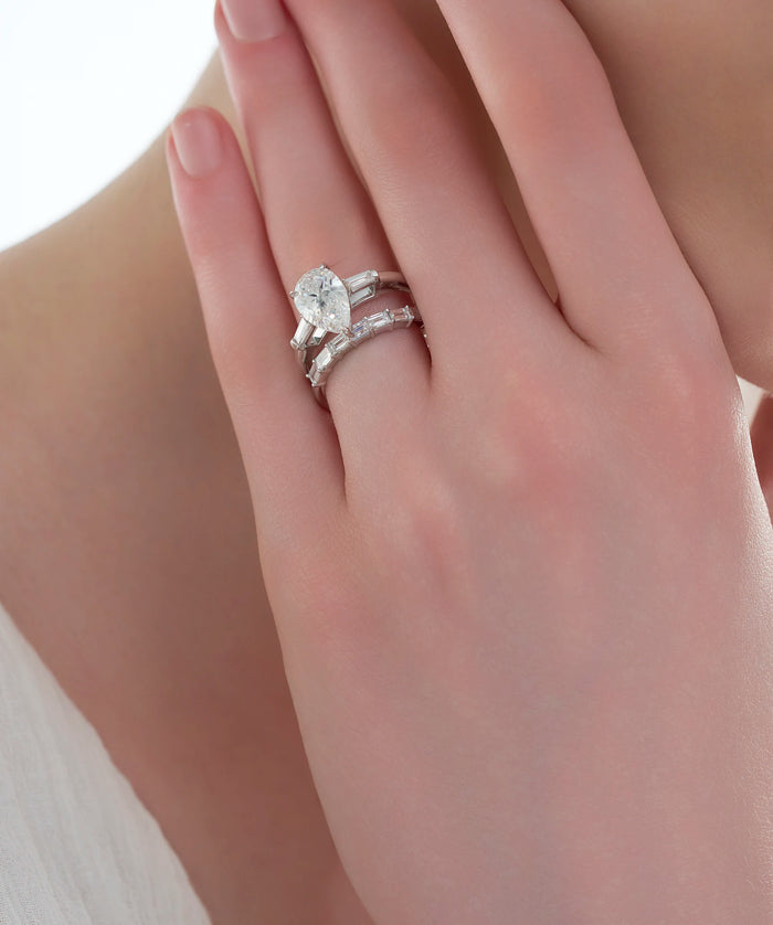 Pear Cut Lab Grown Diamond Bridal Set with Tapered Baguette Band in Gold