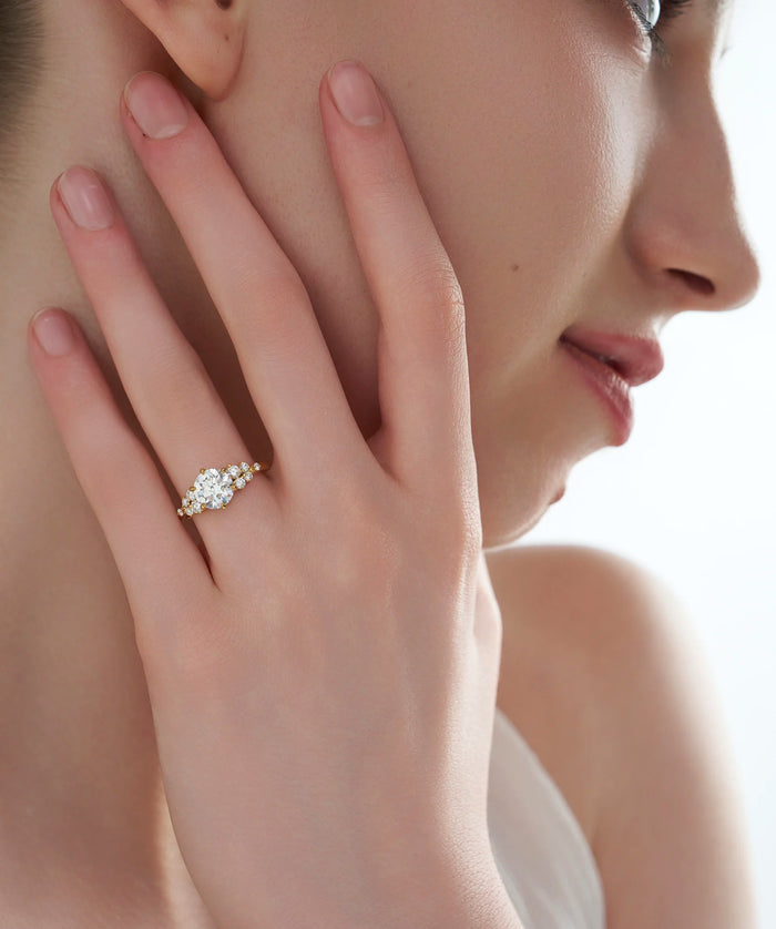 Round Cut Lab Grown Diamond Cluster Accent Engagement Ring in Gold