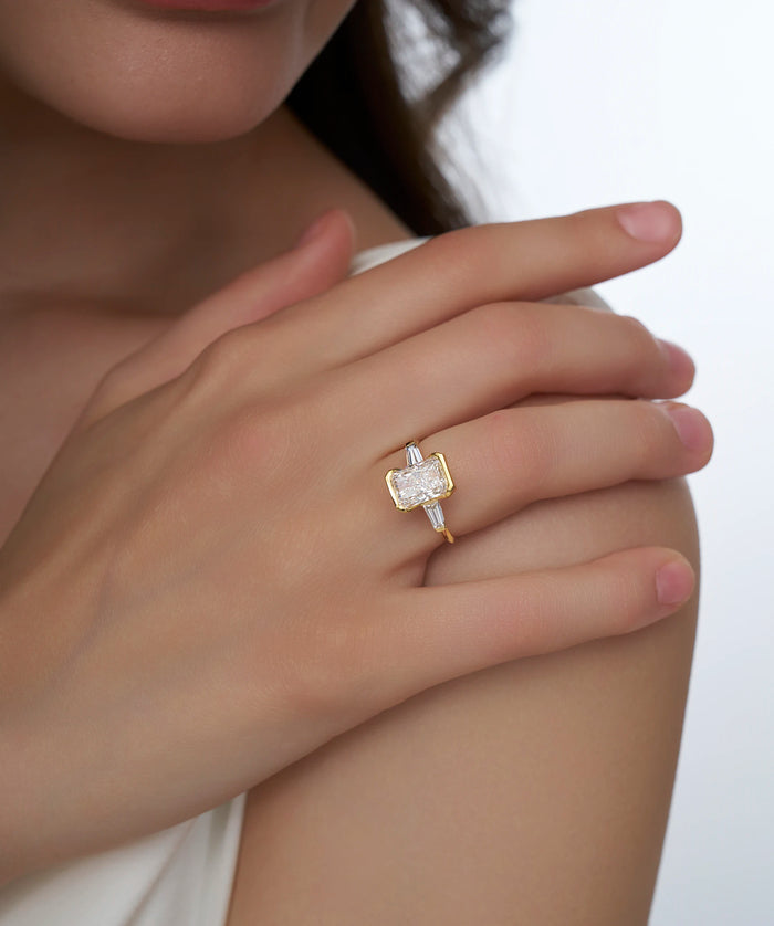 Half Bezel Radiant Cut Lab Grown Diamond Ring with Tapered Baguettes in Gold