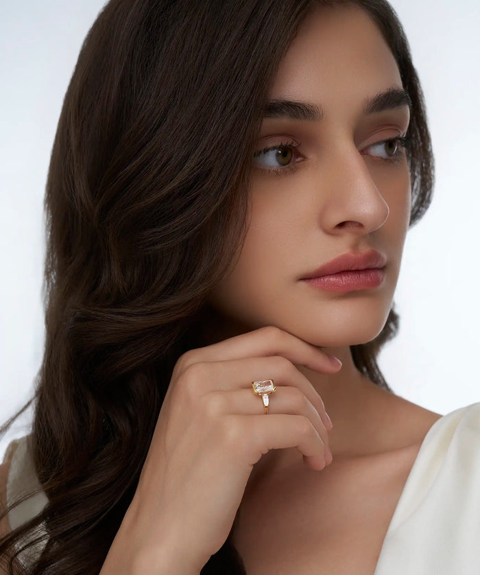 Half Bezel Radiant Cut Lab Grown Diamond Ring with Tapered Baguettes in Gold