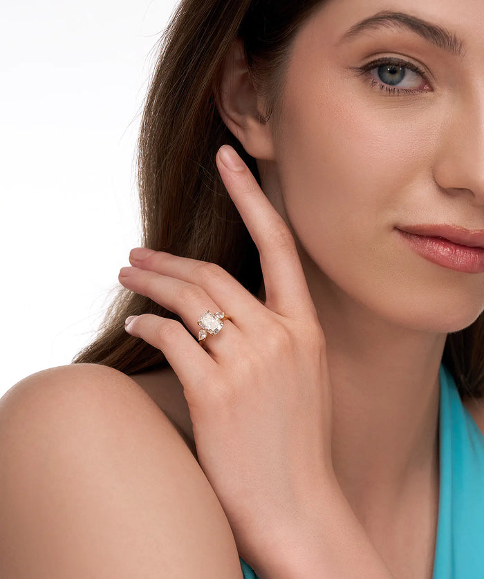 Radiant Cut Lab Grown Diamond Three Stone Ring with Pear Sides in Gold