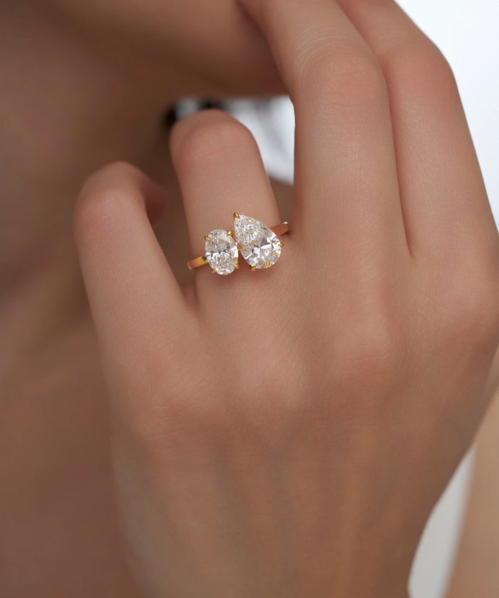 Oval and Pear Lab Grown Diamond Toi et Moi Ring in Gold