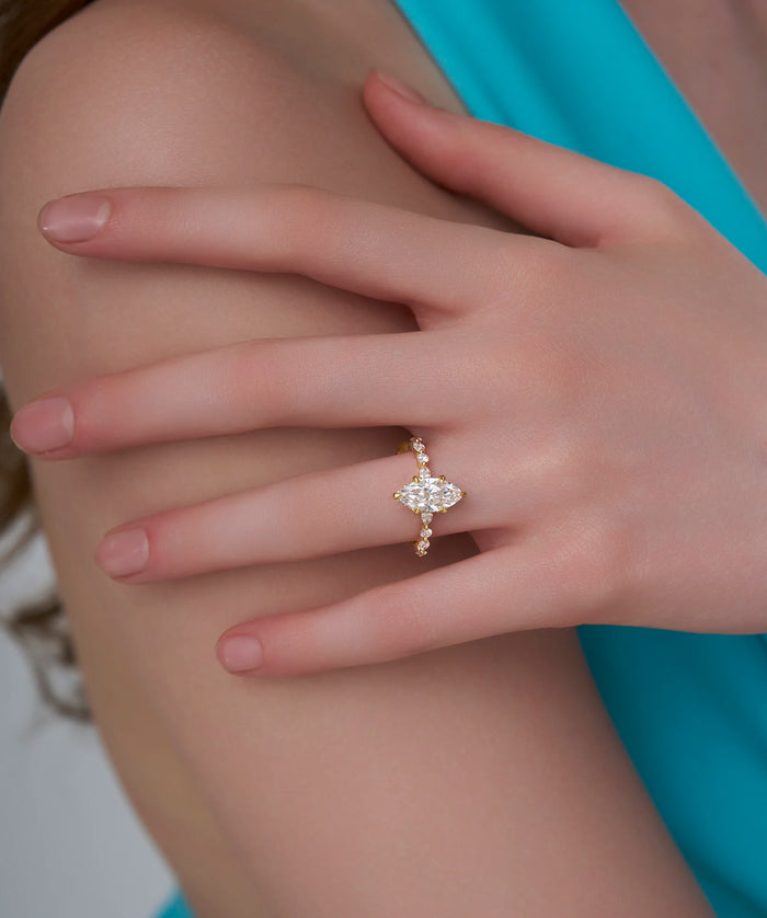Marquise Cut Lab Grown Diamond Engagement Ring with Pear and Round Accents in Gold