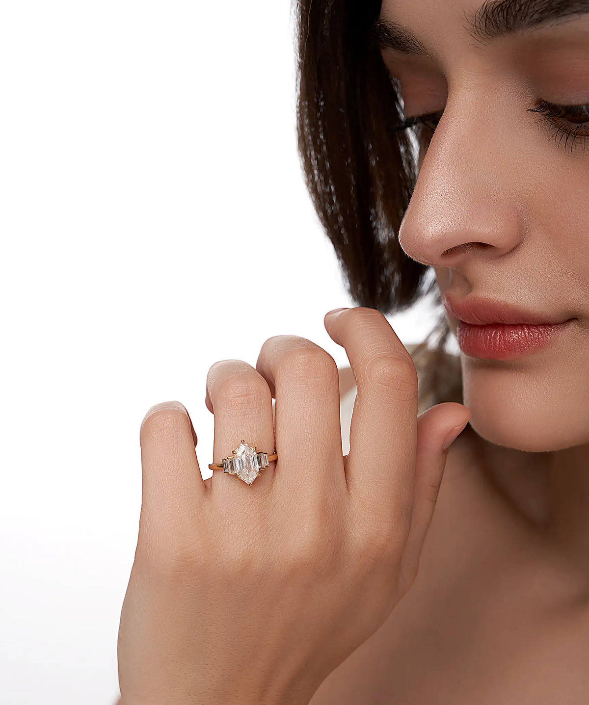 Dutch Marquise Cut Lab Grown Diamond Engagement Ring with Baguette Sides in Gold