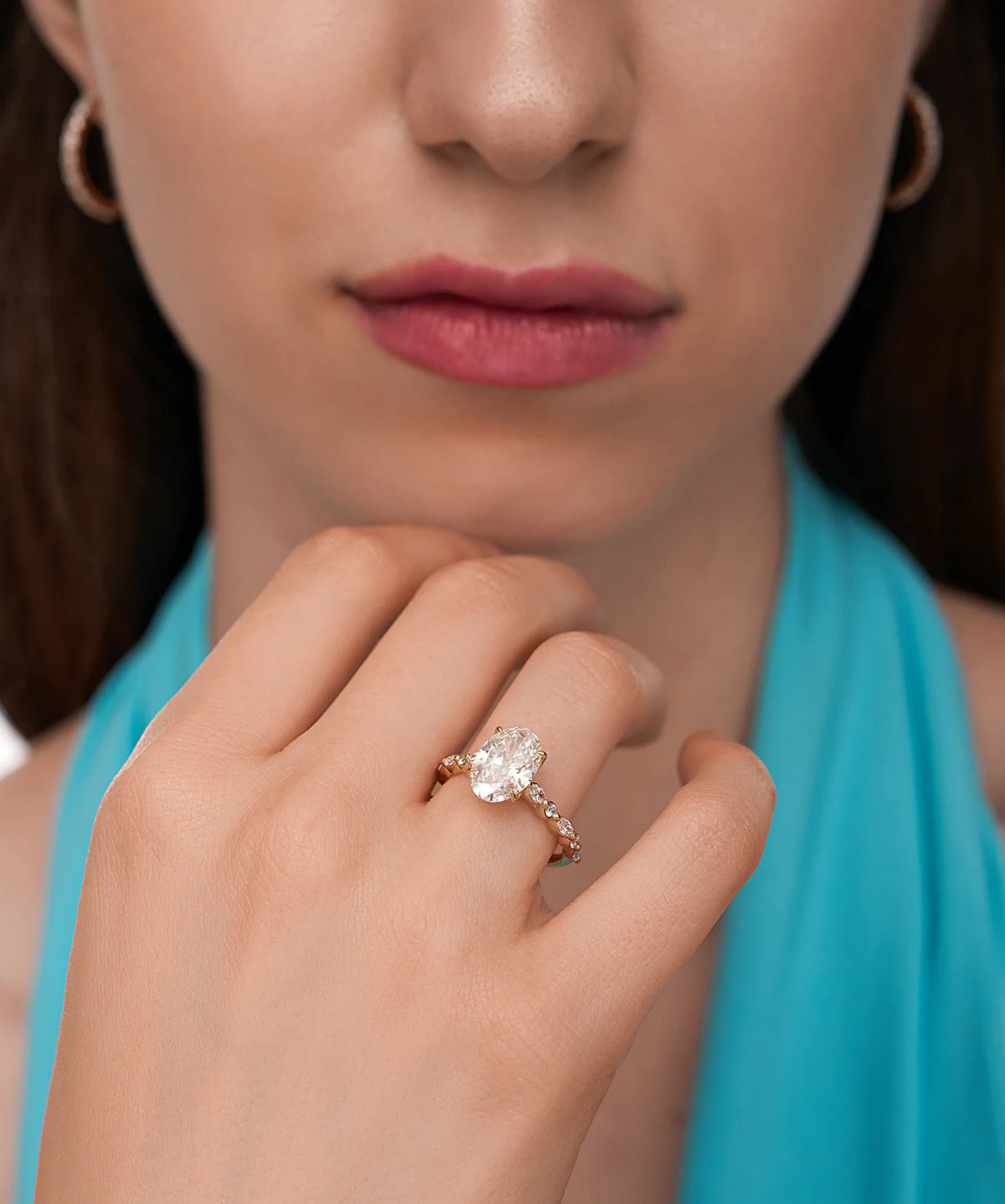 East West Marquise Accented Oval Lab Grown Diamond Engagement Ring in Gold