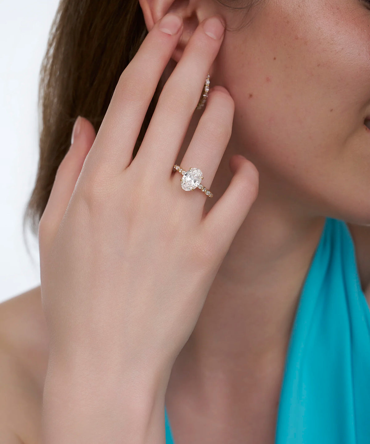 East West Marquise Accented Oval Lab Grown Diamond Engagement Ring in Gold