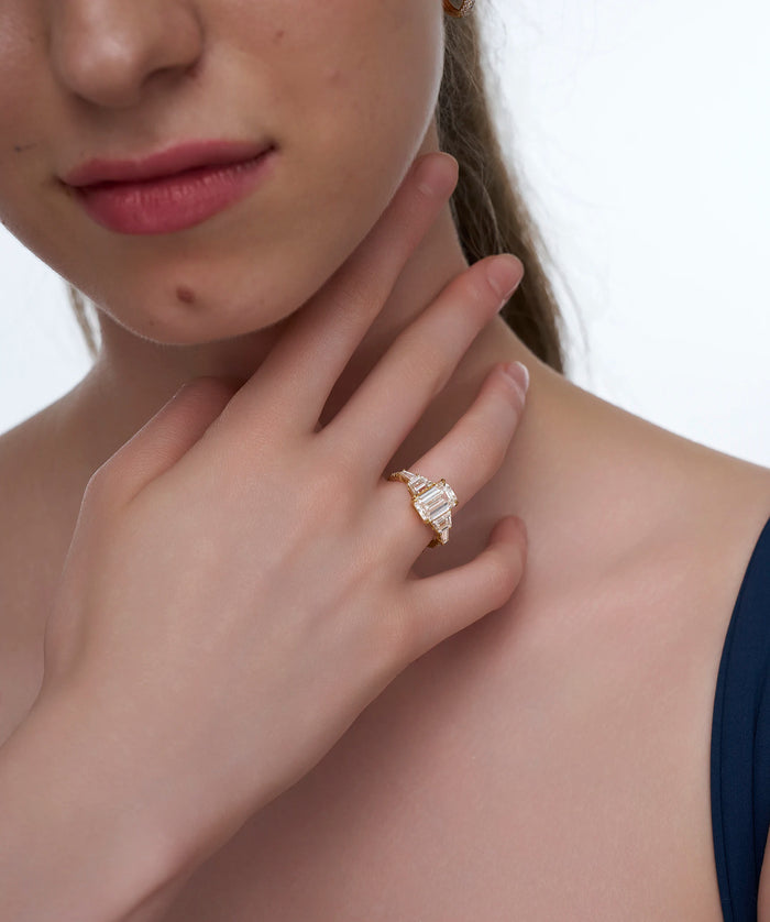 Emerald Cut Lab Grown Diamond Five Stone Engagement Ring in Gold