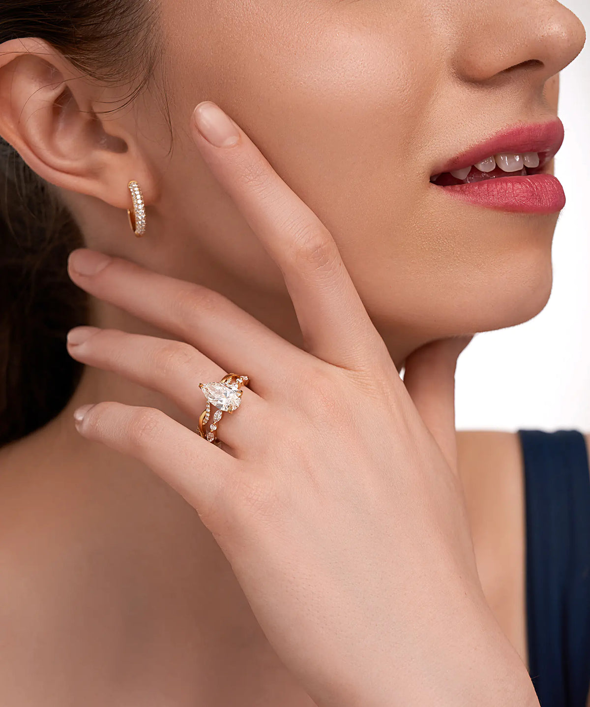Oval Lab Grown Diamond Hidden Halo Bridal Set with Curved Band in Gold