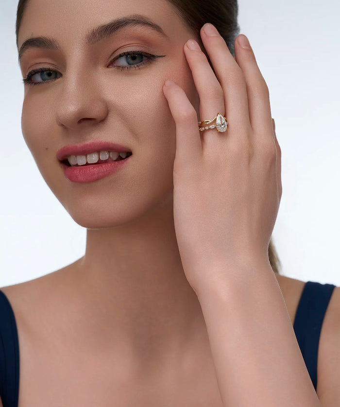 Oval Lab Grown Diamond Hidden Halo Bridal Set with Curved Band in Gold