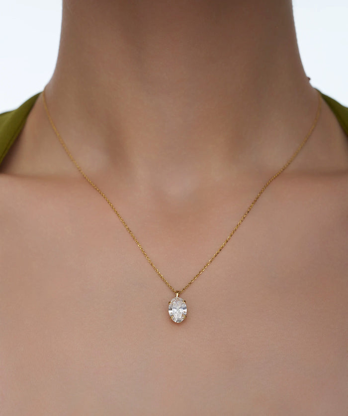 Elegant Oval Solitaire Drop Pendant Necklace