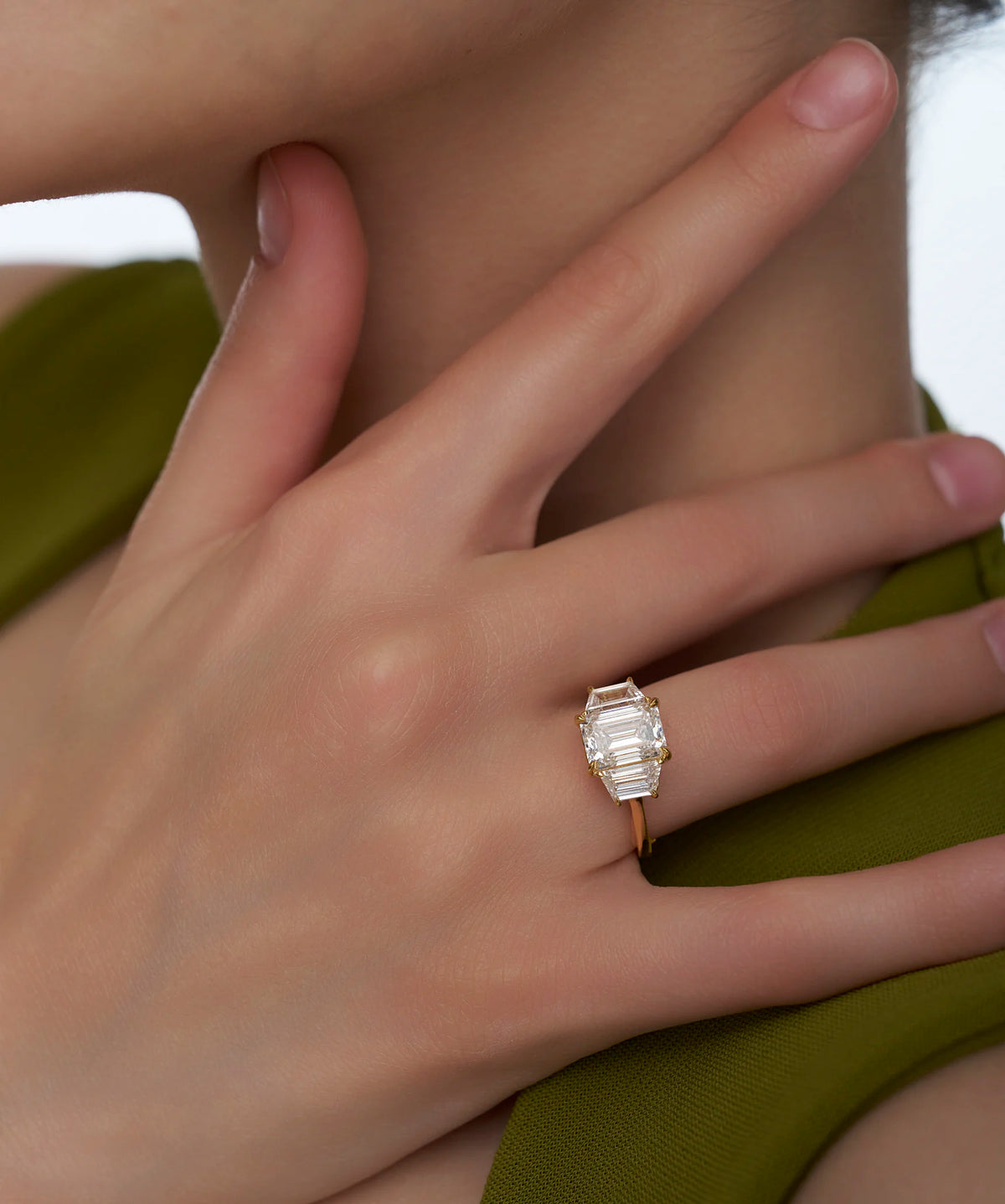 Emerald Cut Lab Grown Diamond Three Stone Ring with Trapezoid Sides in Gold