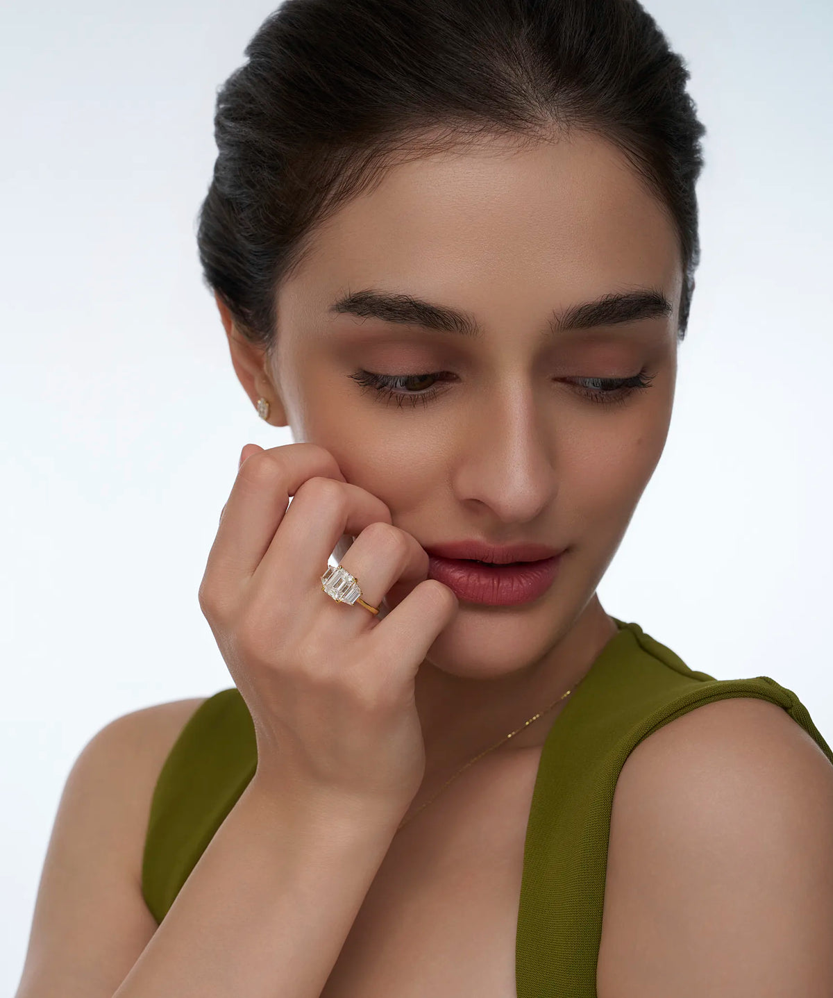 Emerald Cut Lab Grown Diamond Three Stone Ring with Trapezoid Sides in Gold