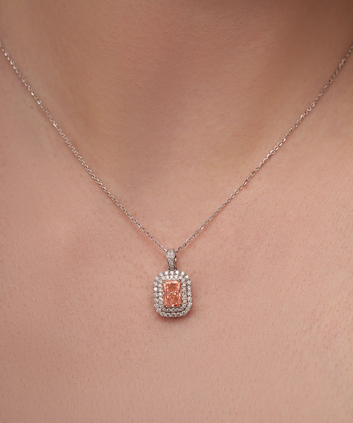 Pink Radiant Cut Lab Grown Diamond Double Halo Pendant in Gold