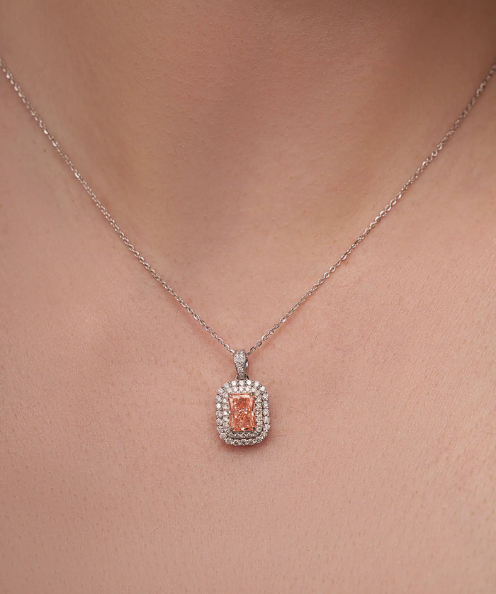Pink Radiant Cut Lab Grown Diamond Double Halo Pendant in Gold
