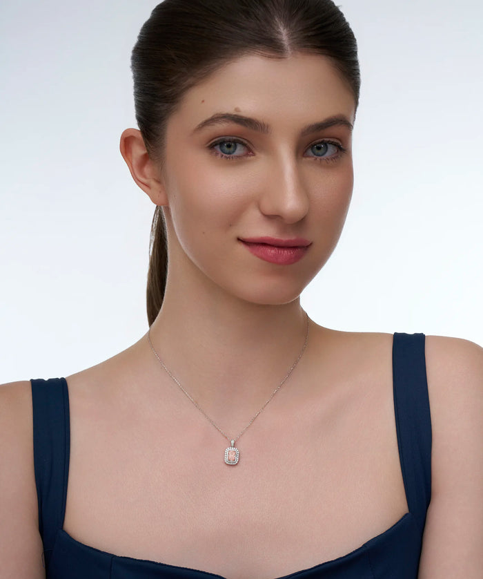 Pink Radiant Cut Lab Grown Diamond Double Halo Pendant in Gold