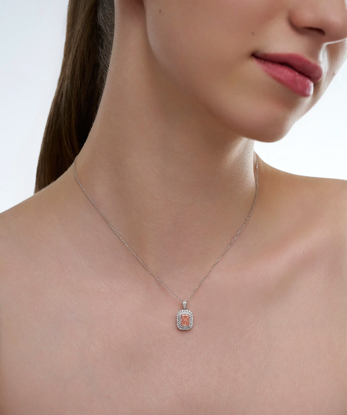 Pink Radiant Cut Lab Grown Diamond Double Halo Pendant in Gold