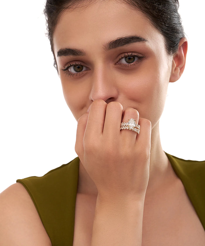 Oval Cut Lab Grown Diamond Double Row Statement Engagement Ring in Gold