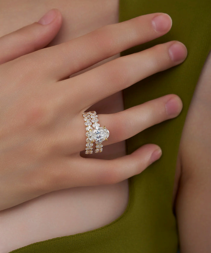 Oval Cut Lab Grown Diamond Double Row Statement Engagement Ring in Gold