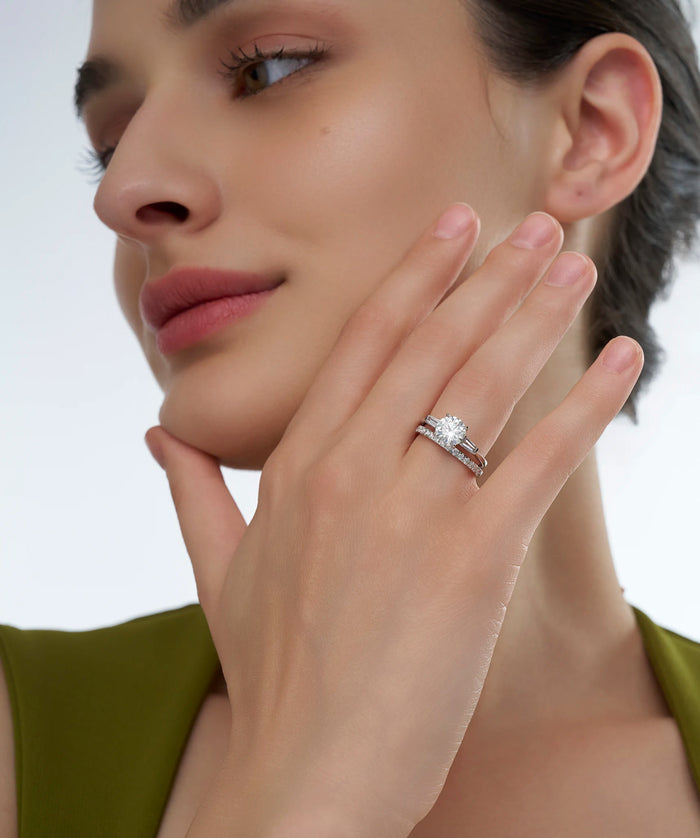 Round Lab Grown Diamond Hidden Halo Bridal Ring Set in Gold