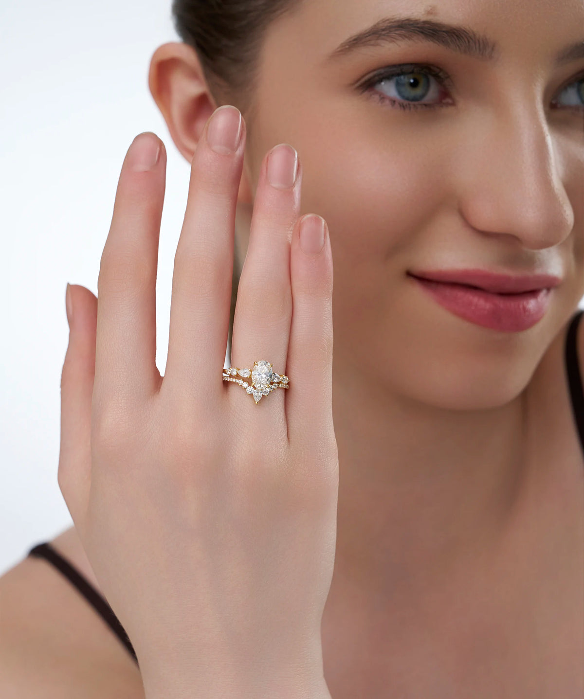 Oval and Pear Lab Grown Diamond Bridal Set with Contoured Band in Gold