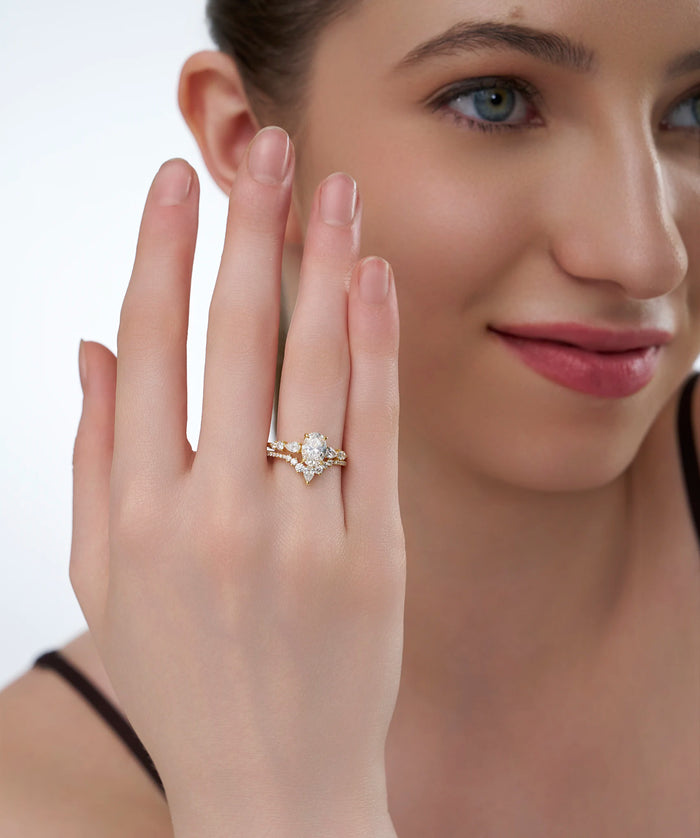 Oval and Pear Lab Grown Diamond Bridal Set with Contoured Band in Gold