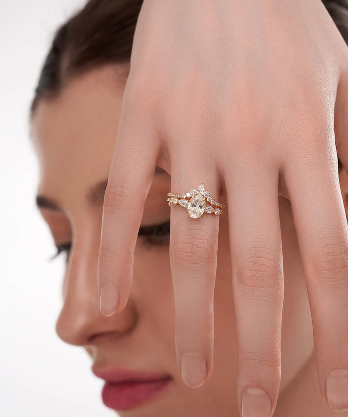 Oval and Pear Lab Grown Diamond Bridal Set with Contoured Band in Gold