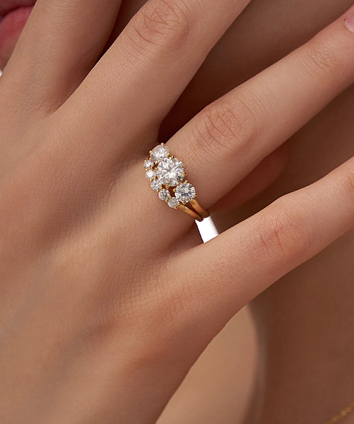 Round Lab Grown Diamond Three Stone Bridal Ring Set in Gold