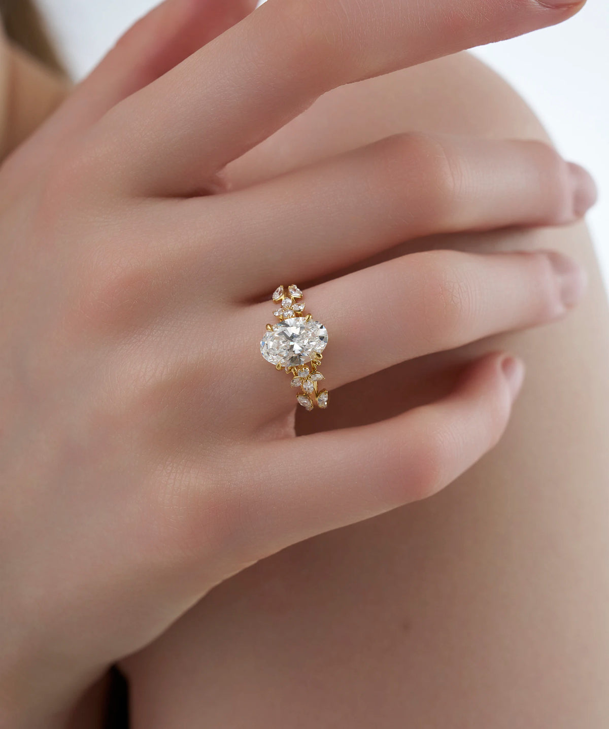Oval Cut Lab Grown Diamond Floral Vine Engagement Ring in Gold