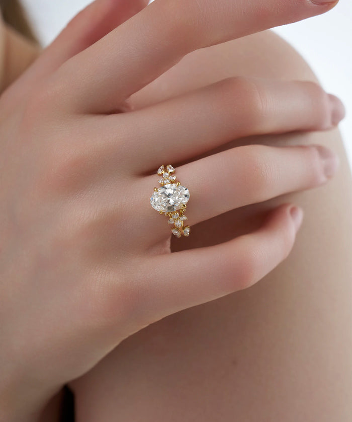 Oval Cut Lab Grown Diamond Floral Vine Engagement Ring in Gold