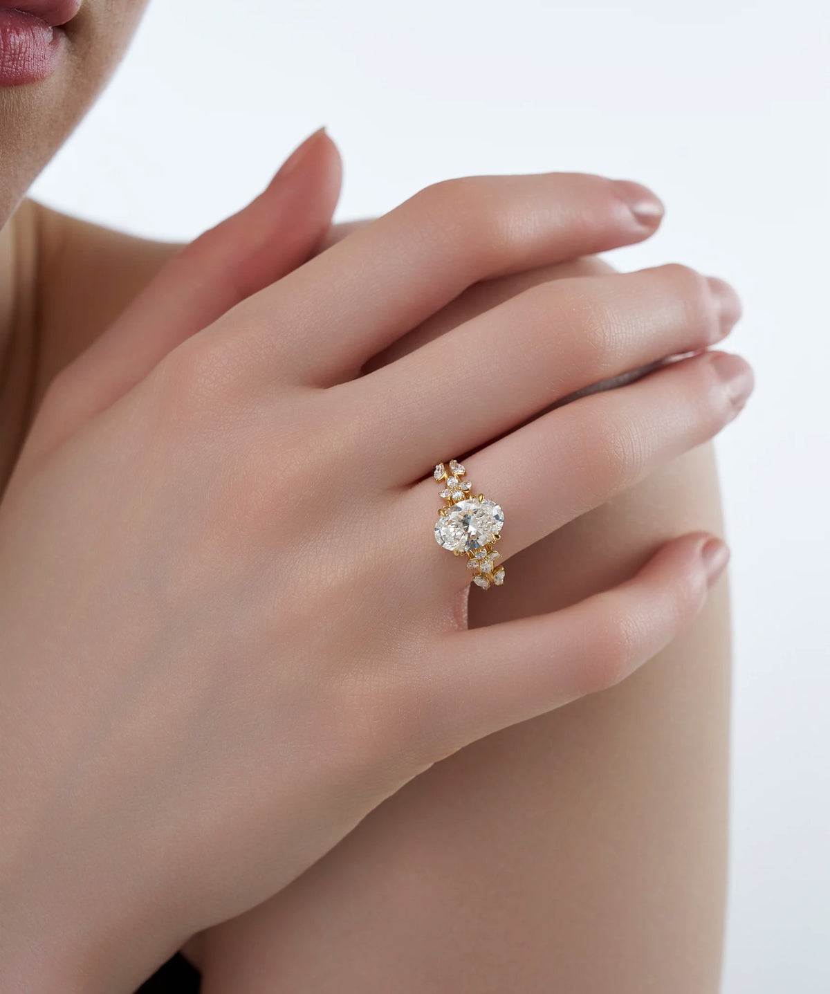 Oval Cut Lab Grown Diamond Floral Vine Engagement Ring in Gold