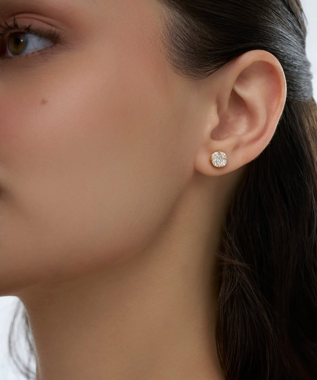 Princess and Marquise Lab Grown Diamond Cluster Stud Earrings in Gold
