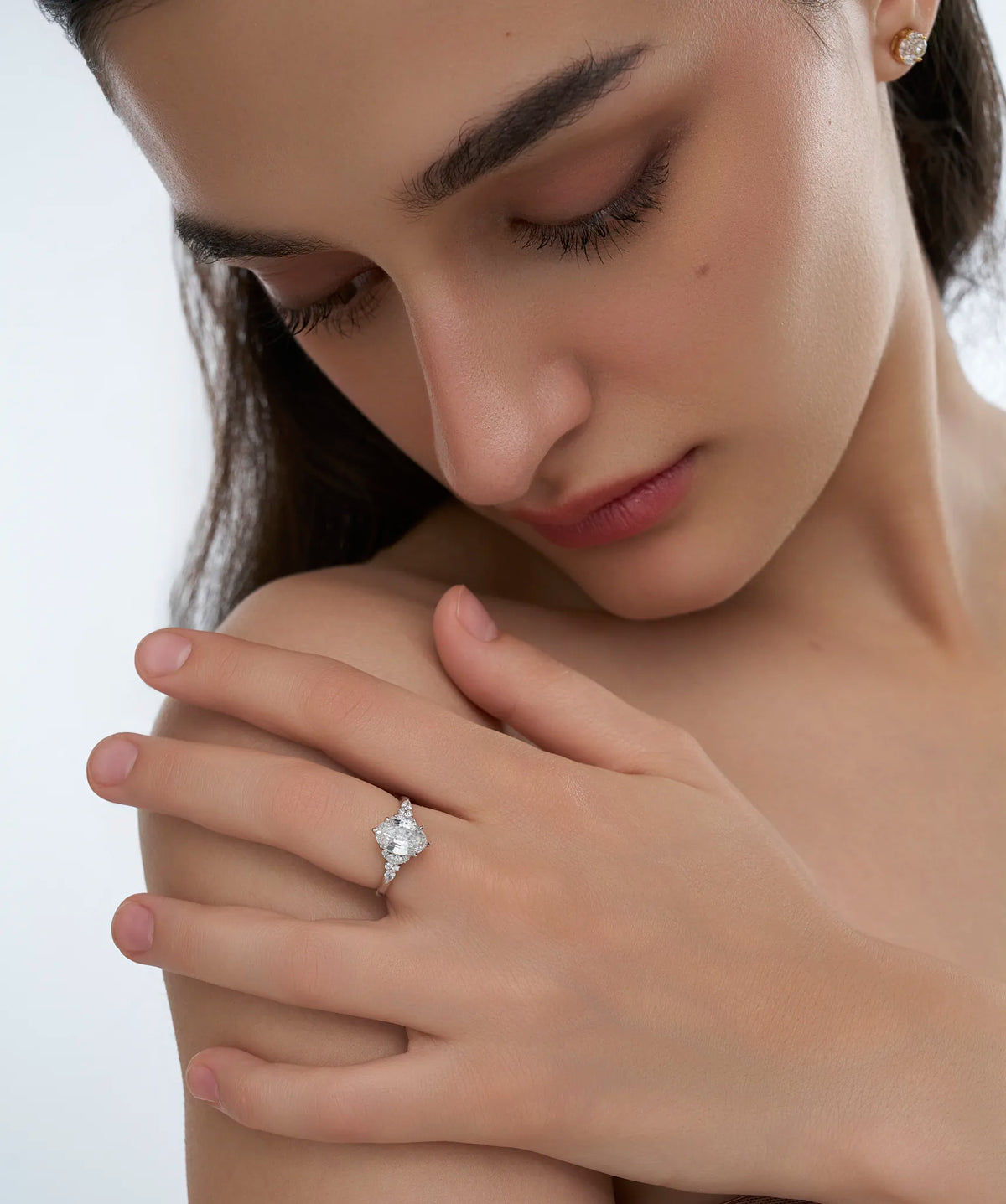 Oval Cut Lab Grown Diamond Cluster Engagement Ring with Marquise and Pear Accents in Gold