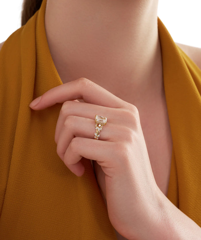 Radiant Cut Lab Grown Diamond Floral Vine Engagement Ring in Gold
