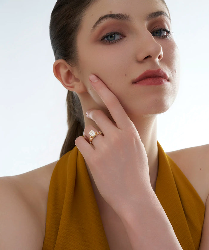 Radiant Cut Lab Grown Diamond Floral Vine Engagement Ring in Gold