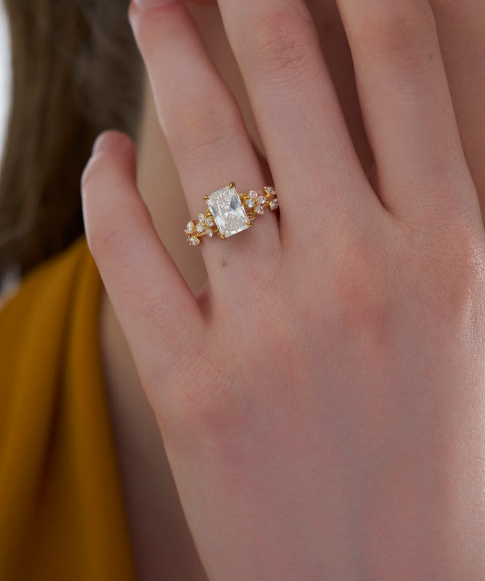 Radiant Cut Lab Grown Diamond Floral Vine Engagement Ring in Gold