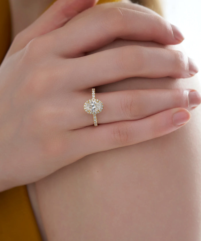 Oval Cut Lab Grown Diamond Halo Engagement Ring in Gold